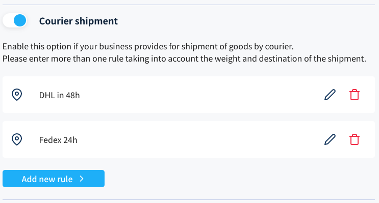 Delivery option new add rule button example