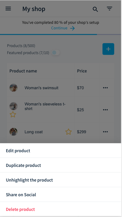 dropdown product menu with duplicate product feature