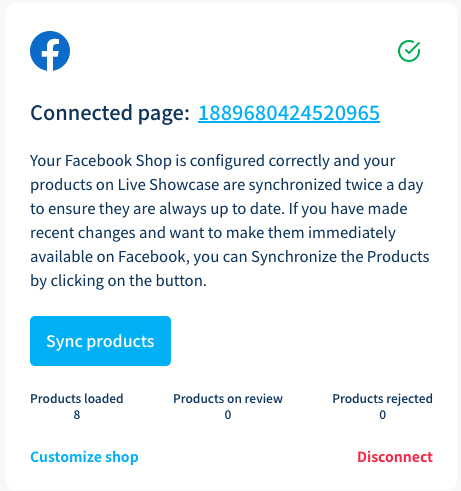 facebook product catalogue correctly synchronized with products displayed