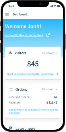 dashboard of the admin panel vetrina live, smartphone view