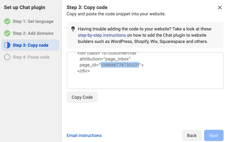 copy your facebook chat page id at the end of the code