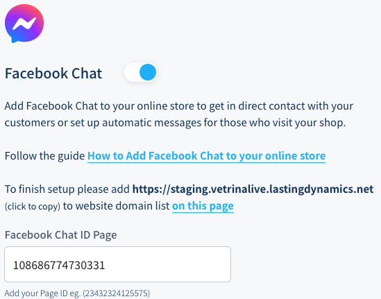 Facebook chat extension in vetrina live admin panel