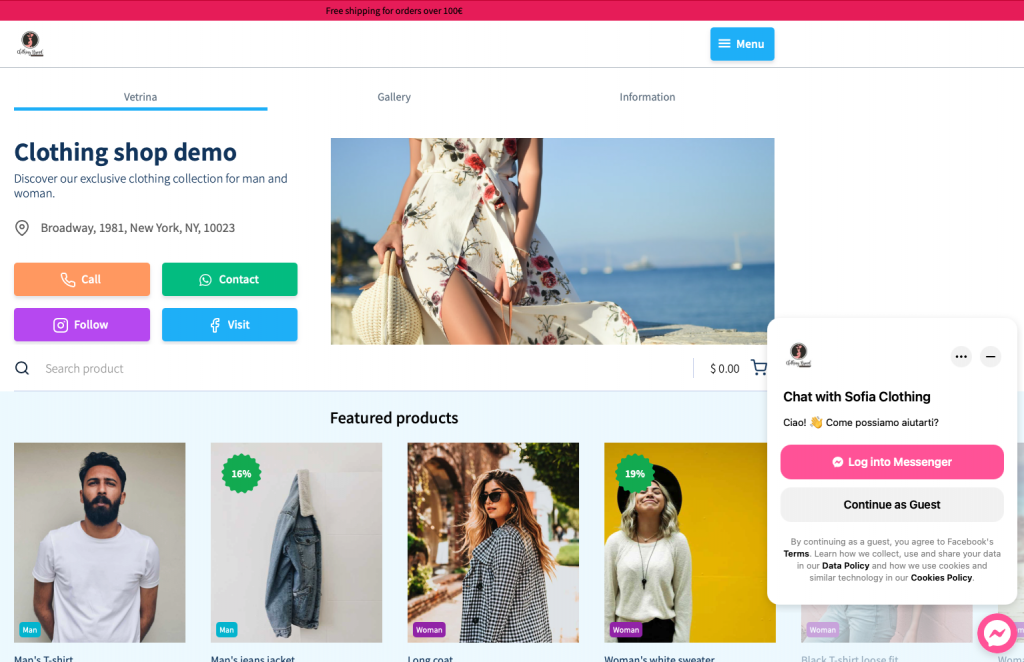 and example of vetrina live ecommerce with a facebook chat installed