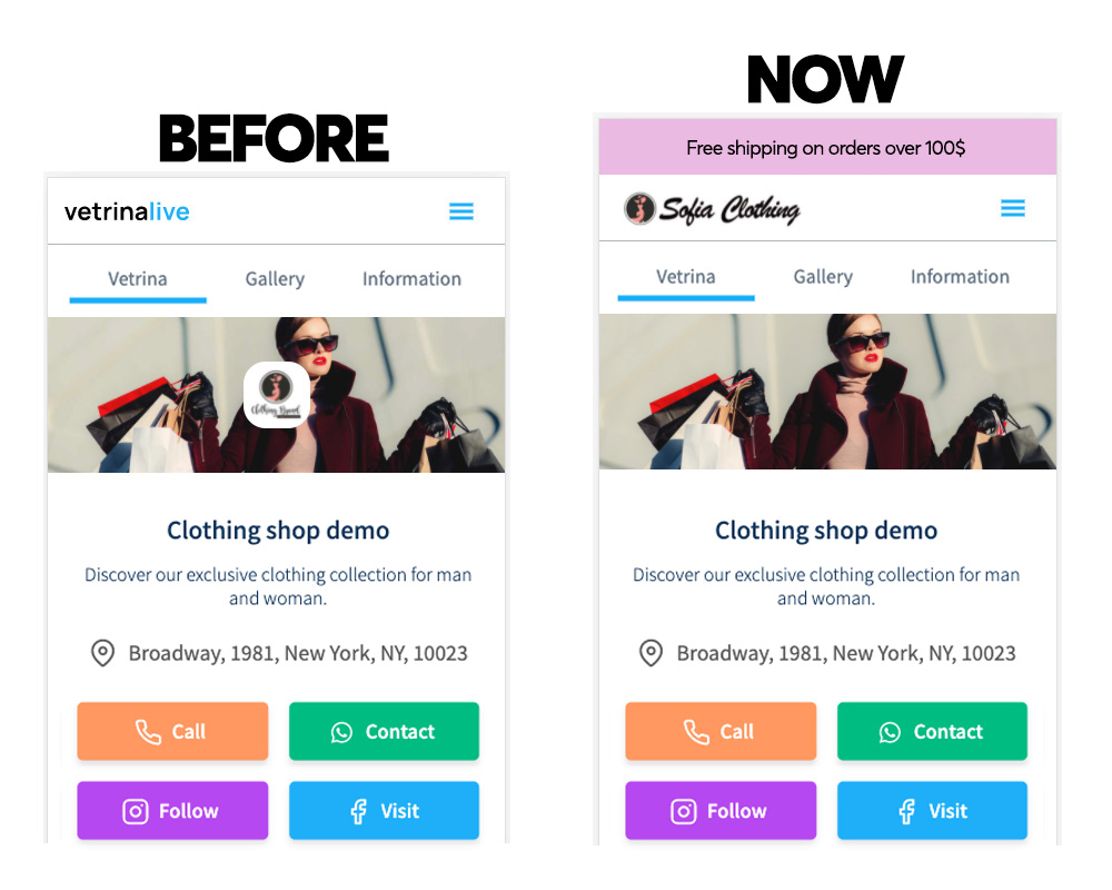 New Customizations 3 before and now vetrina live shop with logo
