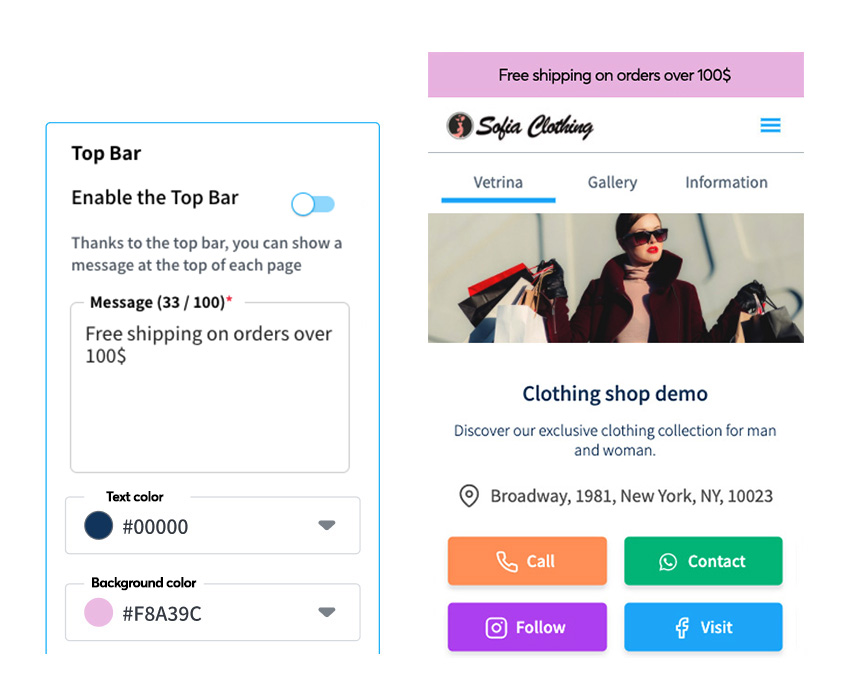 customize your top bar on vetrinalive online shop