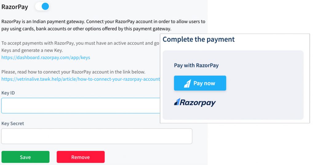 Razorpay payment method on vetrinalive