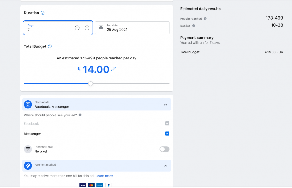 Define budget an duration of your Facebook ads campaing