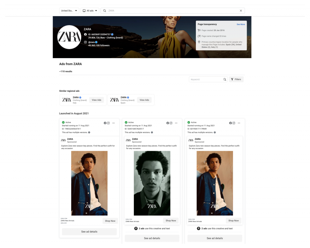 Facebook ads library an example of what Zara is promoting on Facebook
