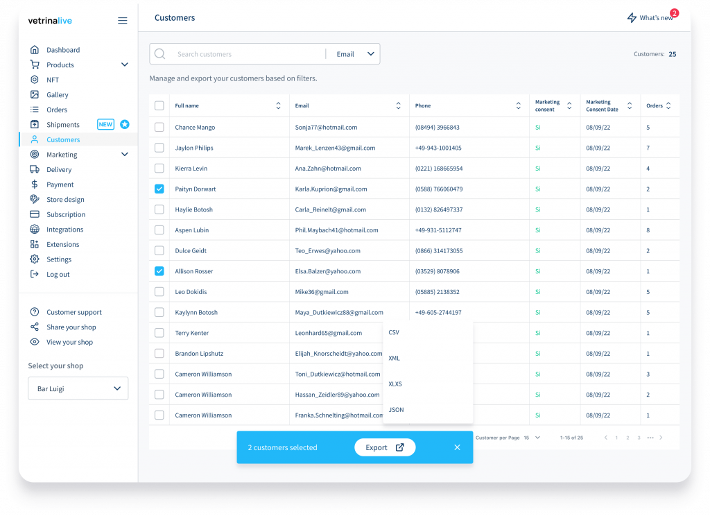 Export orders list feature and flow for export customers 2 customers
